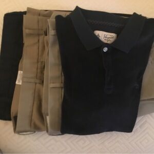 Three pairs slacks and luxurious Penguin pullover.
